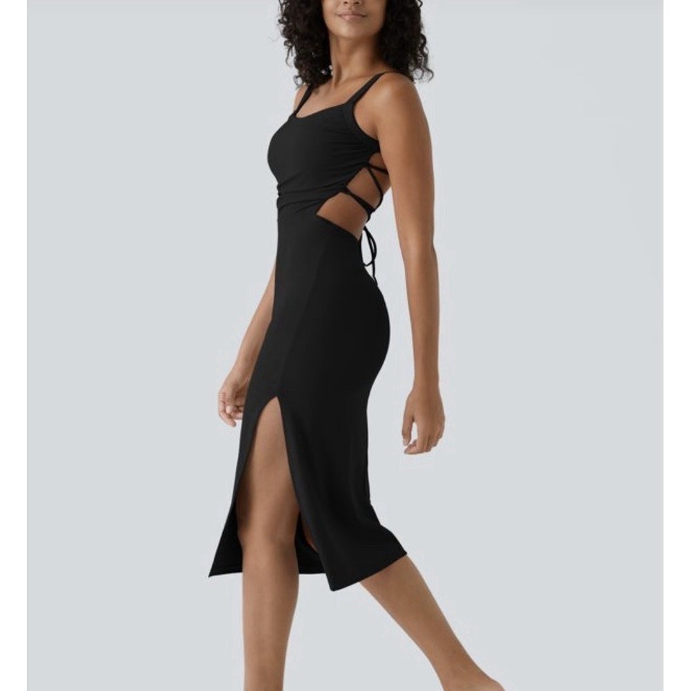 Halara Black Lace Up Back Side Cut Out Midi Dress with Slit Bodycon Sleeveless